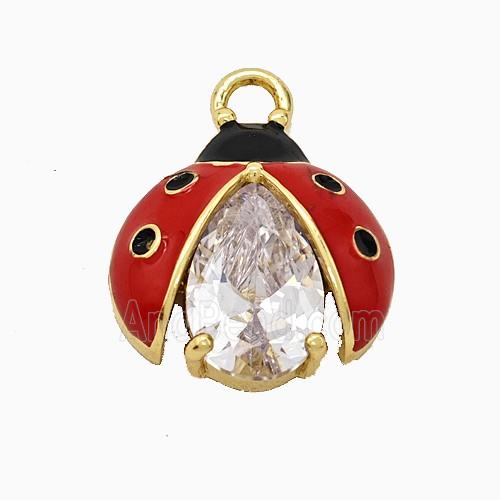 Copper Ladybug Pendant Pave Crystal Glass Red Enamel Gold Plated