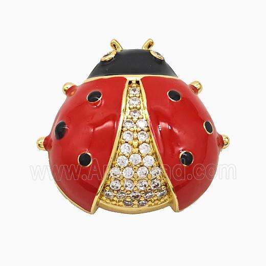 Copper Ladybug Pendant Pave Zirconia Red Enamel Gold Plated