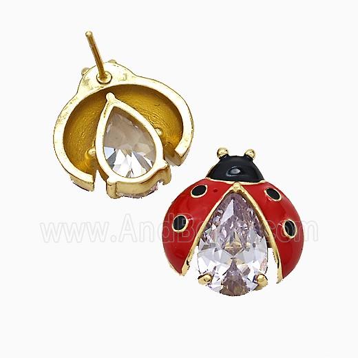Copper Ladybug Stud Earrings Pave Crystal Glass Red Enamel Gold Plated