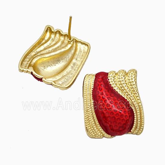 Copper Teardrop Stud Earrings Red Painted Gold Plated