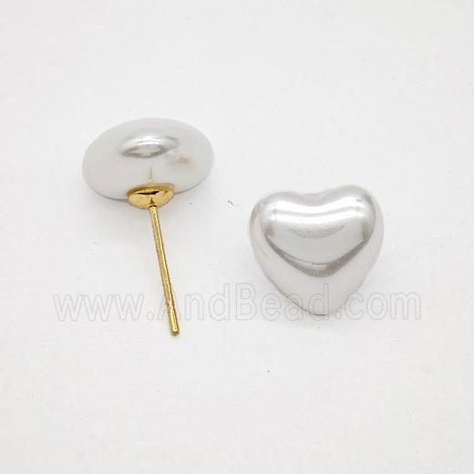 White Pearlized Resin Heart Stud Earrings Copper Gold Plated