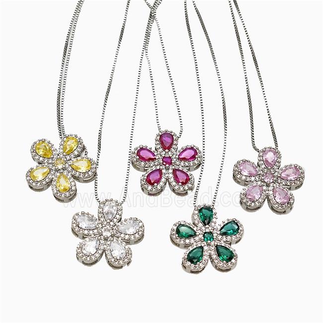 Copper Flower Neckace Pave Zirconia Crystal Glass Platinum Plated Mixed