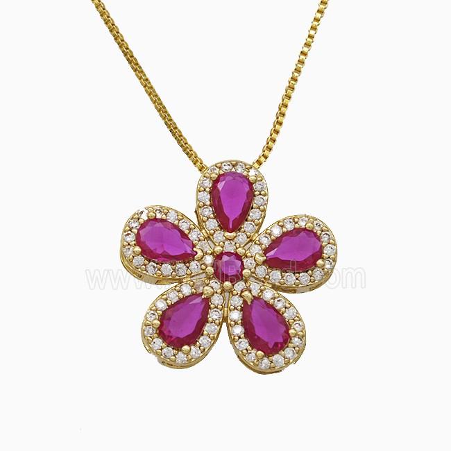 Copper Flower Neckace Pave Zirconia Crystal Glass Gold Plated