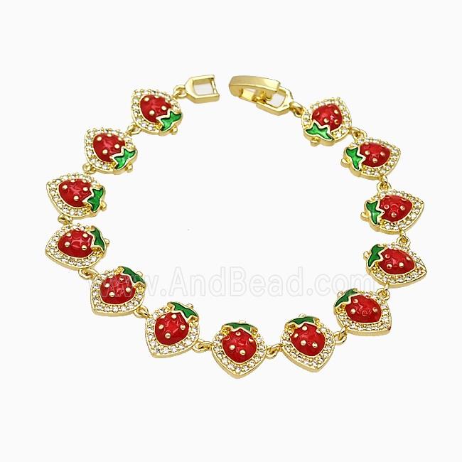 Copper Strawberry Bracelet Pave Zirconia Red Enamel Gold Plated