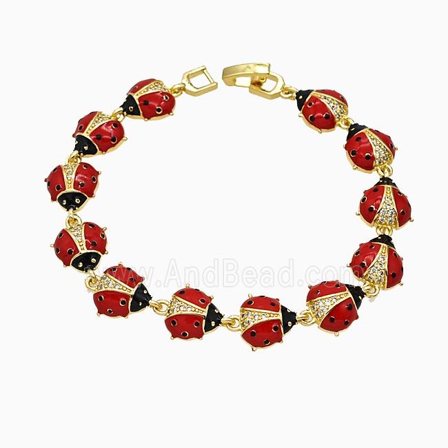 Copper Ladybug Bracelet Pave Zirconia Red Enamel Gold Plated