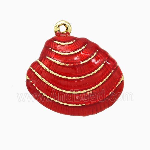 Copper Scallop Shell Pendant Red Enamel Gold Plated
