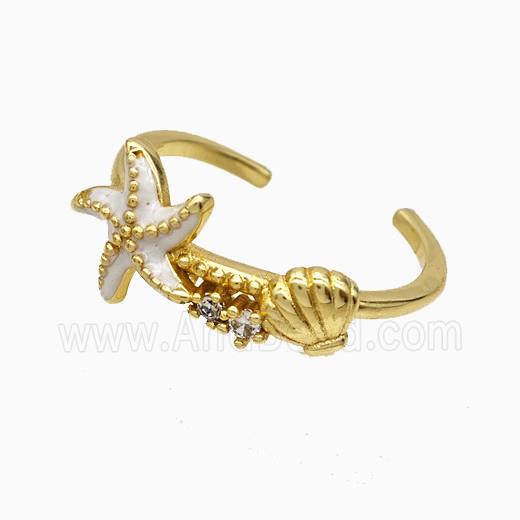 Copper Starfish Rings White Enamel Scallop Shell Gold Plated