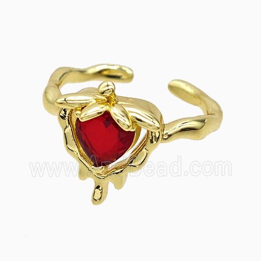 Copper Strawberry Rings Pave Red Crystal Glass Gold Plated