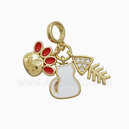 Paws And Cat Fishbone Charms Copper Pendant Pave Zirconia Enamel Gold Plated