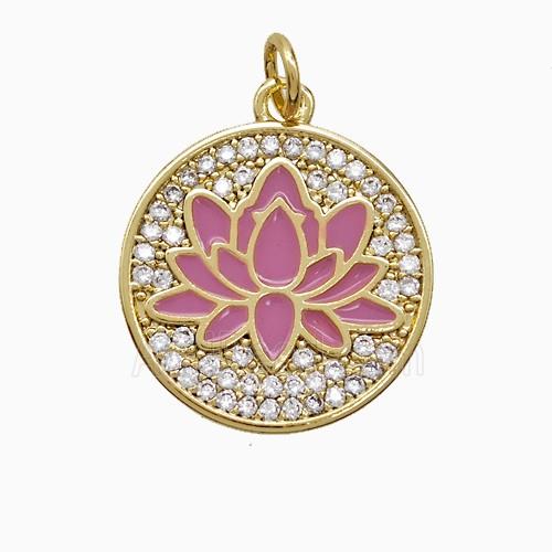 Copper Lotus Pendant Pave Zirconia Pink Enamel Flower Gold Plated