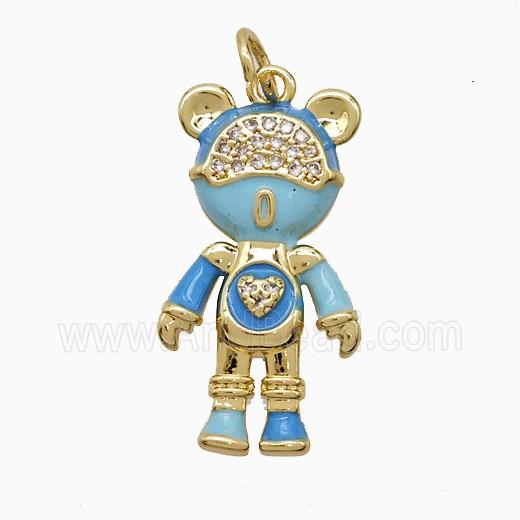 Cute Bear Charms Copper Pendant Pave Zirconia Blue Enamel Gold Plated