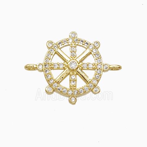 Copper Ship Wheel Connector Pave Zirconia 18K Gold Plated