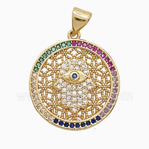 Copper Hamsahand Pendant Pave Zirconia Circle 18K Gold Plated