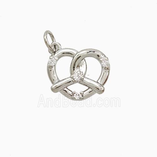 Copper Pretzel Heart Pendant Pave Zirconia Platinum Plated