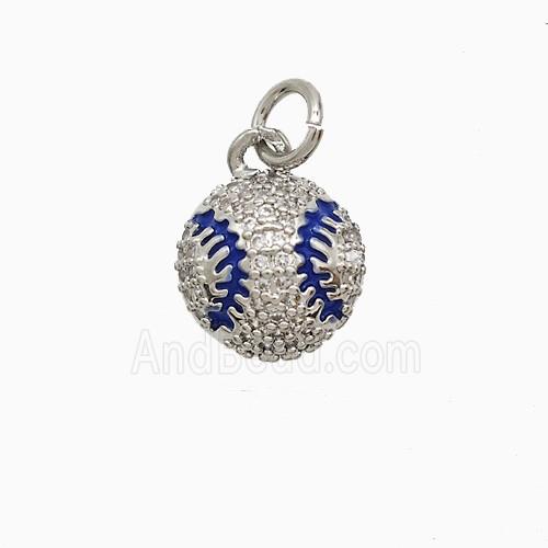 Copper Rugby Pendant Pave Zirconia Blue Enamel American Football Sports Platinum Plated