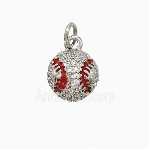 Copper Rugby Pendant Pave Zirconia Red Enamel American Football Sports Platinum Plated