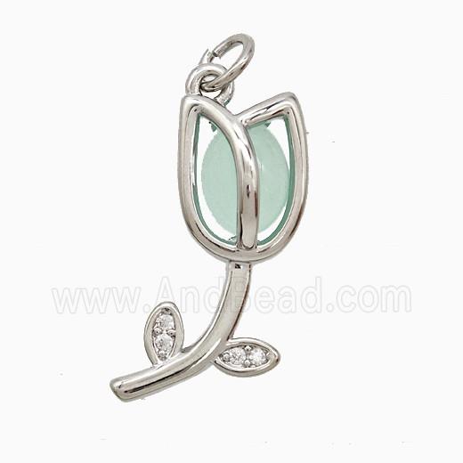 Copper Tulip Pendant Pave Jade Flower Platinum Plated
