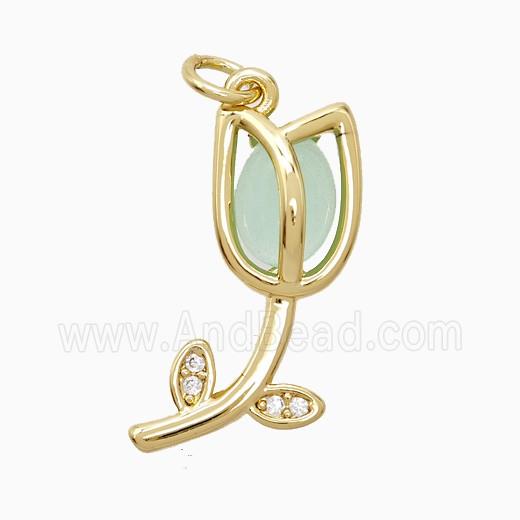Copper Tulip Pendant Pave Jade Flower Gold Plated