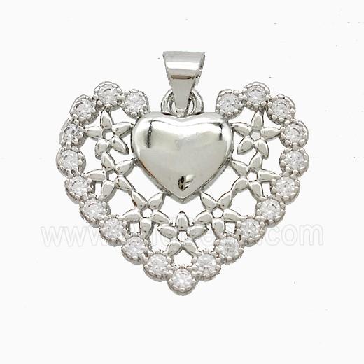 Copper Heart Pendant Pave Zirconia Platinum Plated