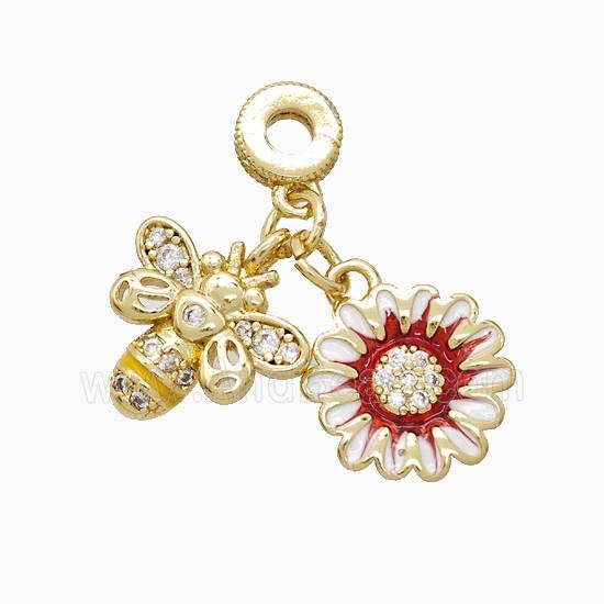 Honeybee And Flower Copper Pendant Pave Zirconia Enamel Gold Plated