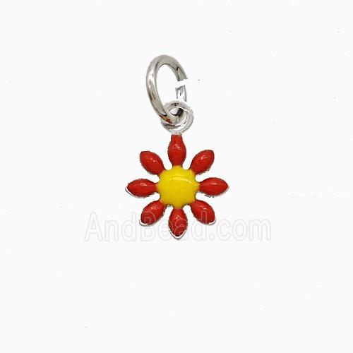 Copper Flower Pendant Red Enamel Platinum Plated