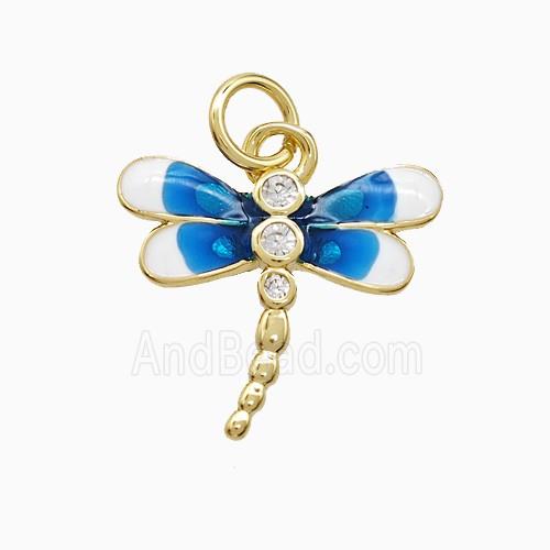 Copper Dragonfly Pendant Pave Zirconia Blue Enamel Gold Plated