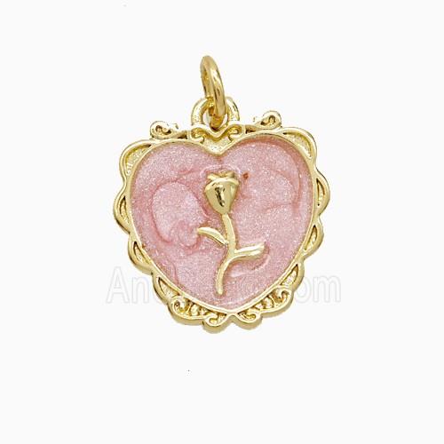 Copper Flower Heart Pendant Pink Painted Gold Plated