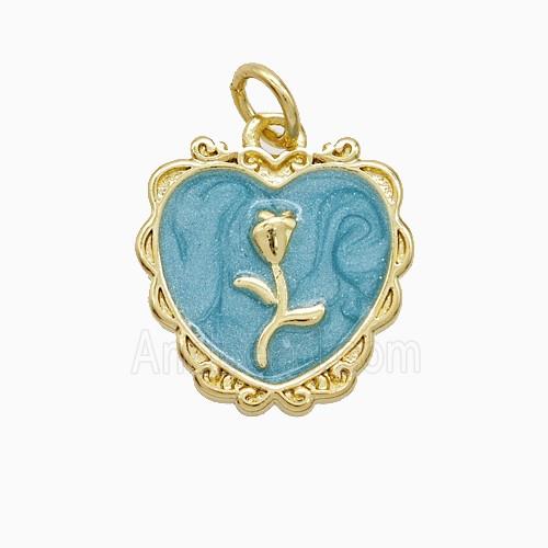 Copper Flower Heart Pendant Blue Painted Gold Plated