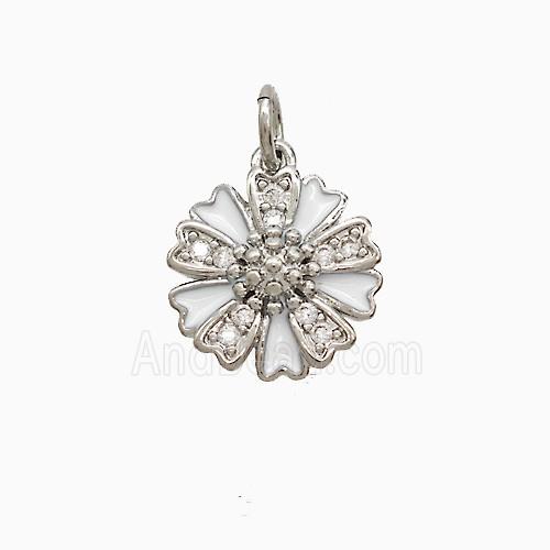 Copper Flower Pendant Pave Zirconia White Enamel Platinum Plated
