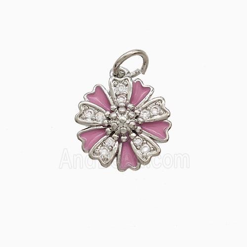 Copper Flower Pendant Pave Zirconia Pink Enamel Platinum Plated
