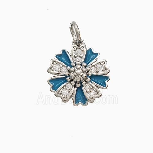 Copper Flower Pendant Pave Zirconia Blue Enamel Platinum Plated