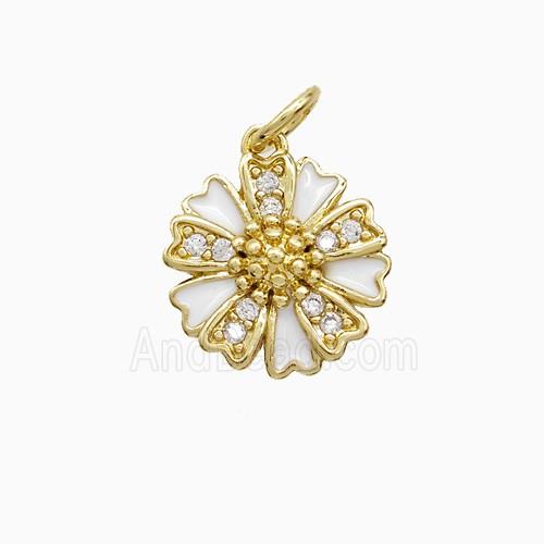 Copper Flower Pendant Pave Zirconia White Enamel Gold Plated