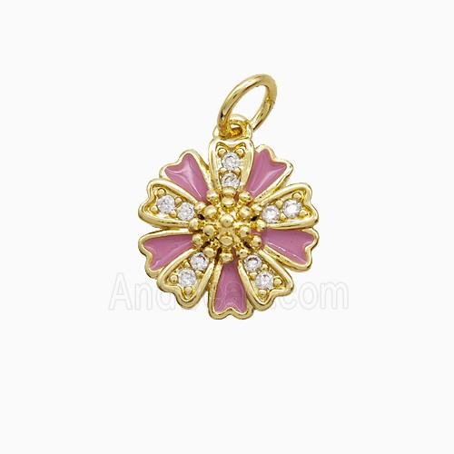 Copper Flower Pendant Pave Zirconia Pink Enamel Gold Plated