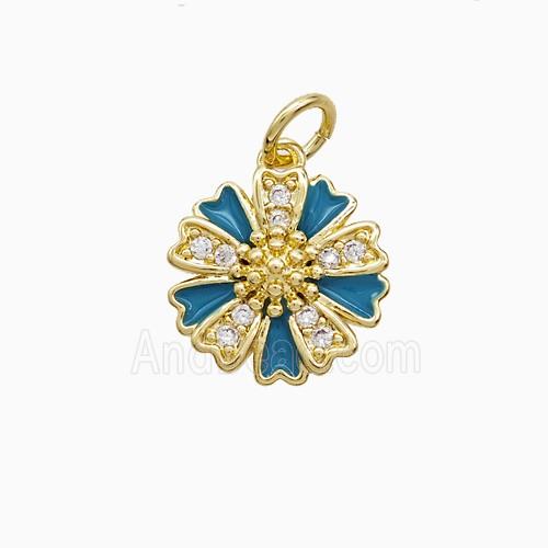 Copper Flower Pendant Pave Zirconia Blue Enamel Gold Plated