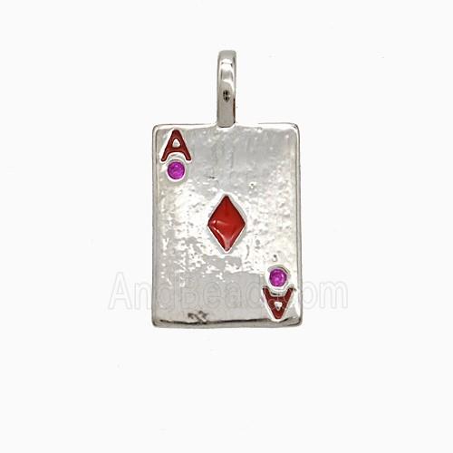 Playing Card Charms Copper ACE Diamonds Pendant Pave Zirconia Red Enamel Platinum Plated