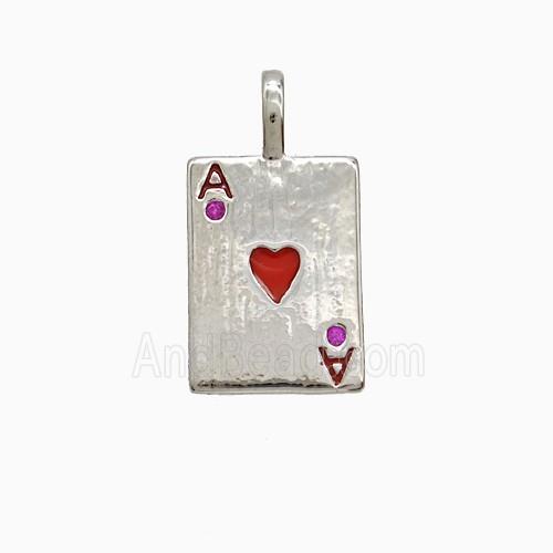 Playing Card Charms Copper ACE Heart Pendant Pave Zirconia Red Enamel Platinum Plated