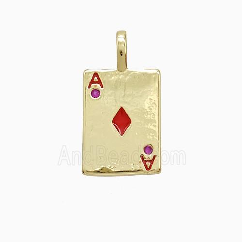 Playing Card Charms Copper ACE Diamonds Pendant Pave Zirconia Red Enamel Gold Plated
