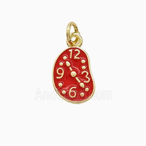Copper Clock Pendant Red Enamel Gold Plated
