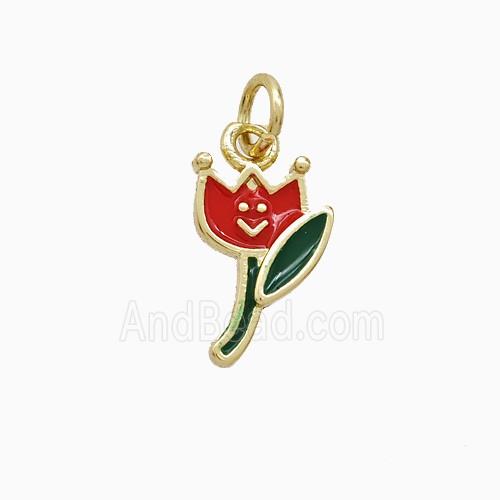 Copper Tulip Pendant Red Green Enamel Flower Gold Plated