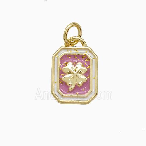 Copper Clover Pendant Pink Enamel Rectangle Gold Plated