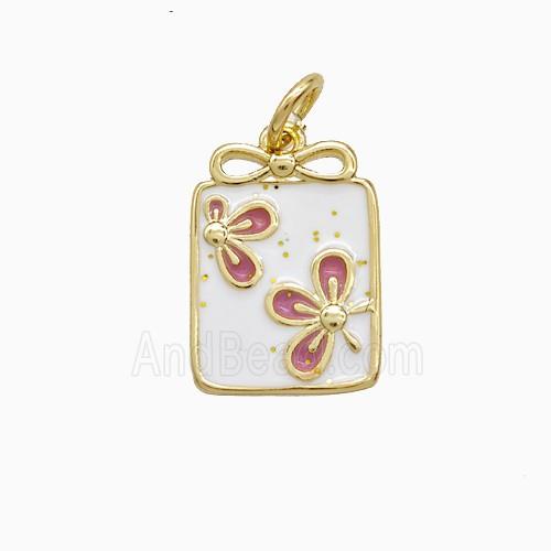 Copper Flower Pendant White Pink Enamel Rectangle Gold Plated