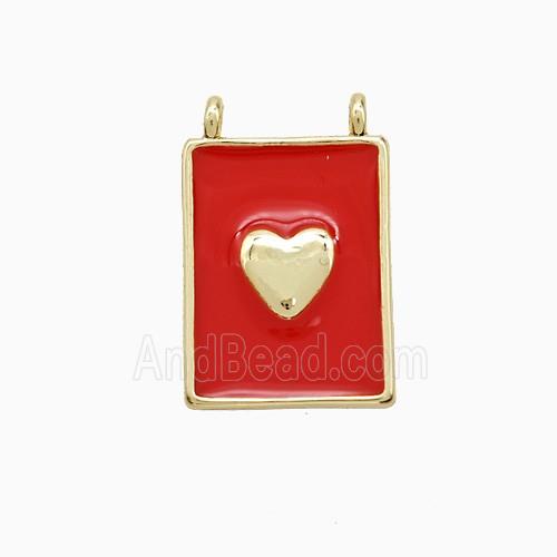 Copper Heart Pendant Red Enamel Rectangle 2loops Gold Plated