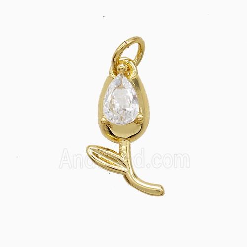 Copper Tulip Pendant Pave Zirconia Flower Gold Plated
