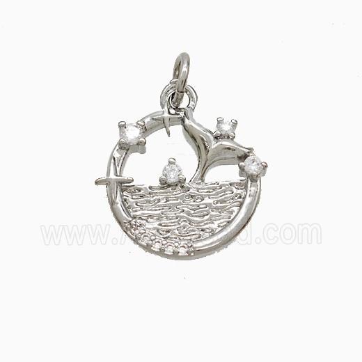 Copper Shark-Tail Pendant Pave Zirconia Ocean Platinum Plated
