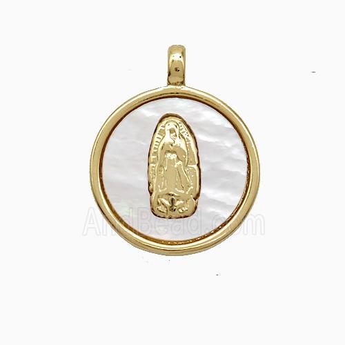 Copper Virgin Mary Pendant Pave Shell Circle Gold Plated