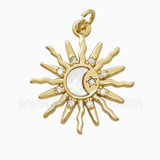 Copper Moon Pendant Pave Shell Zirconia Sun Gold Plated