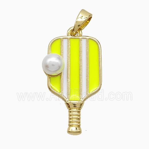 Copper Pickleball Paddle Pendant Pave Resin Yellow Enamel Sports Gold Plated