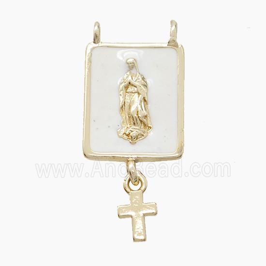 Copper Jesus Pendant White Enamel Cross 2loops Gold Plated