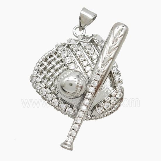 Baseball Bat Gloves Charms Copper Pendant Pave Zirconia Platinum Plated