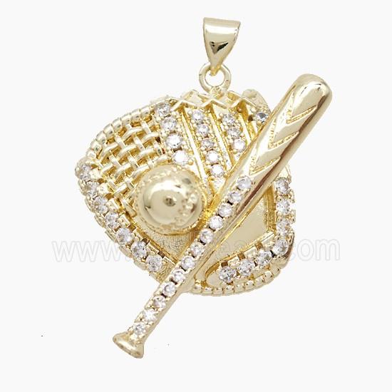 Baseball Bat Gloves Charms Copper Pendant Pave Zirconia Gold Plated